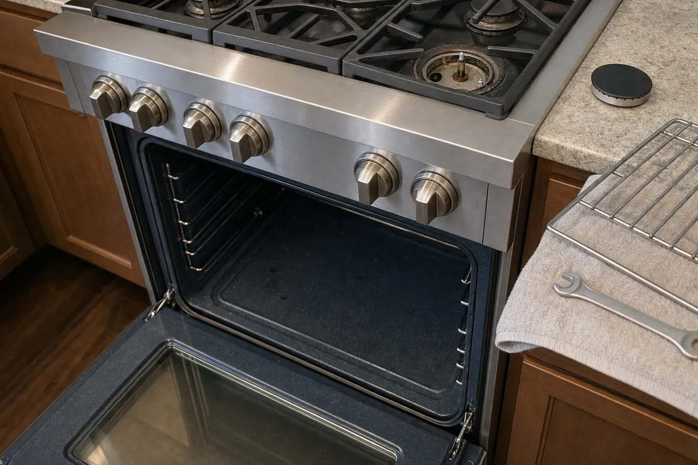 Close view along a range control panel and its knob row, one cooktop burner opened to the head with its cap set down on the worktop beside it