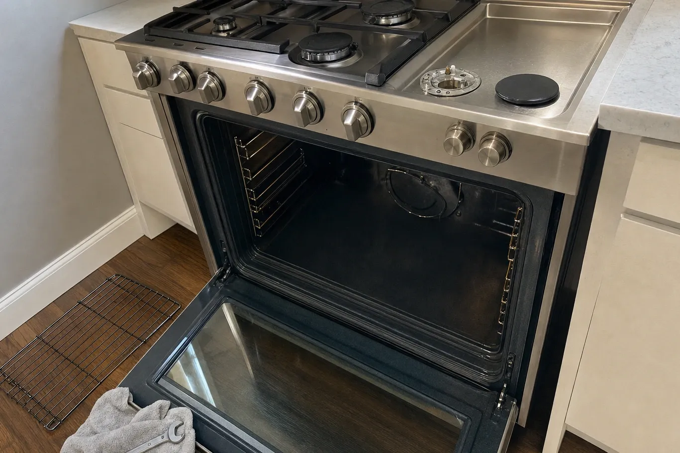 A range with a flat griddle plate along one side of the cooktop, one burner opened to its head and the oven door lowered on an empty cavity, a rack set down on the floor