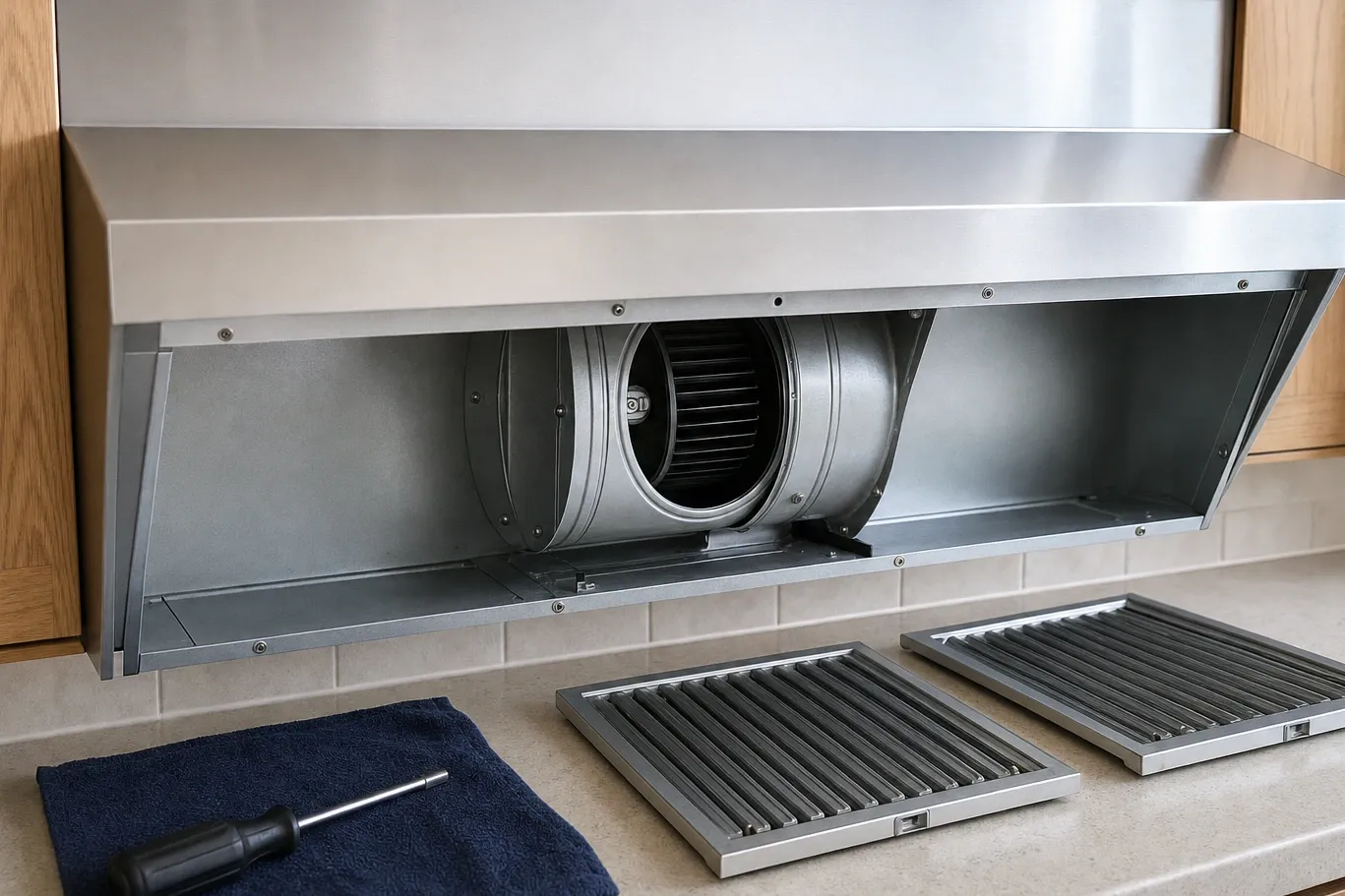A wall-mounted range hood with its underside panel dropped open to show the blower housings and the squirrel-cage wheel inside, two baffle filters laid out on the counter below