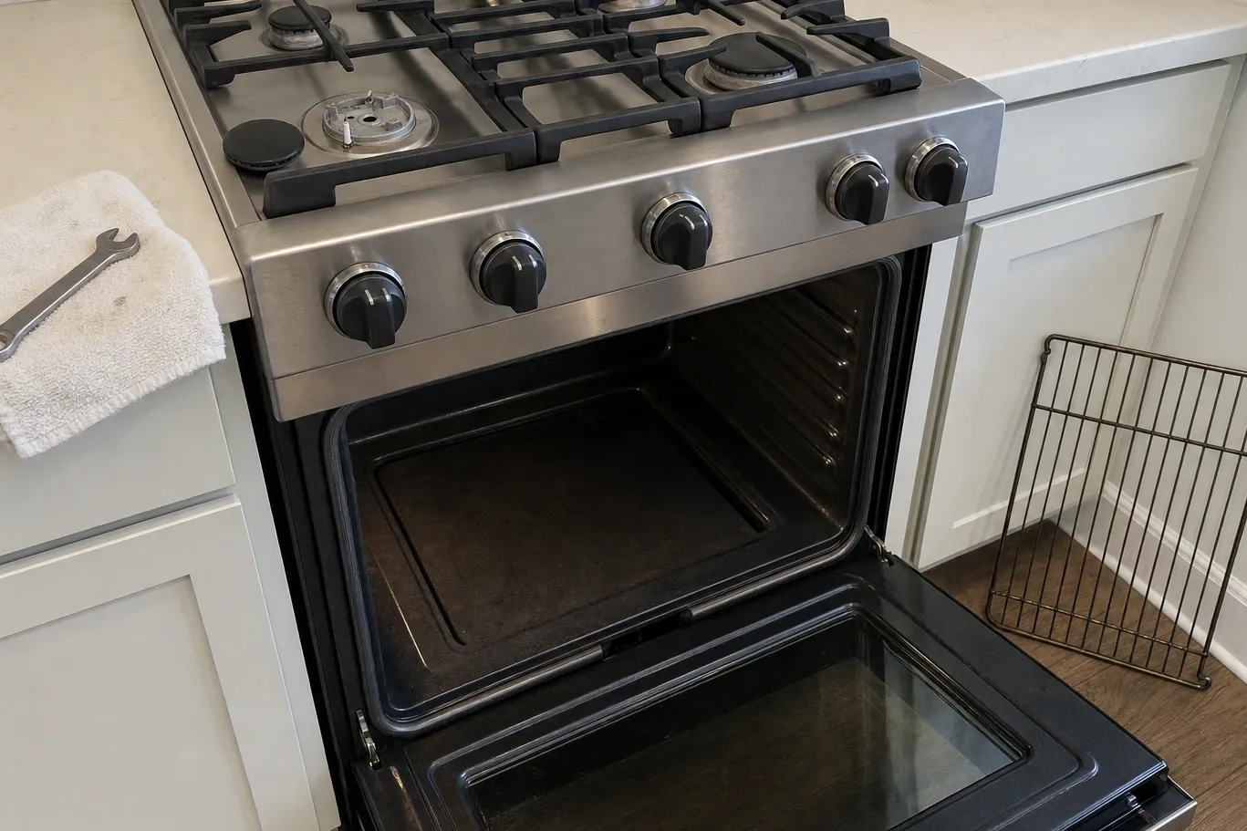 A range with black control knobs against pale cabinets, the oven door lowered on a visibly used cavity and a spanner on a towel over the counter edge