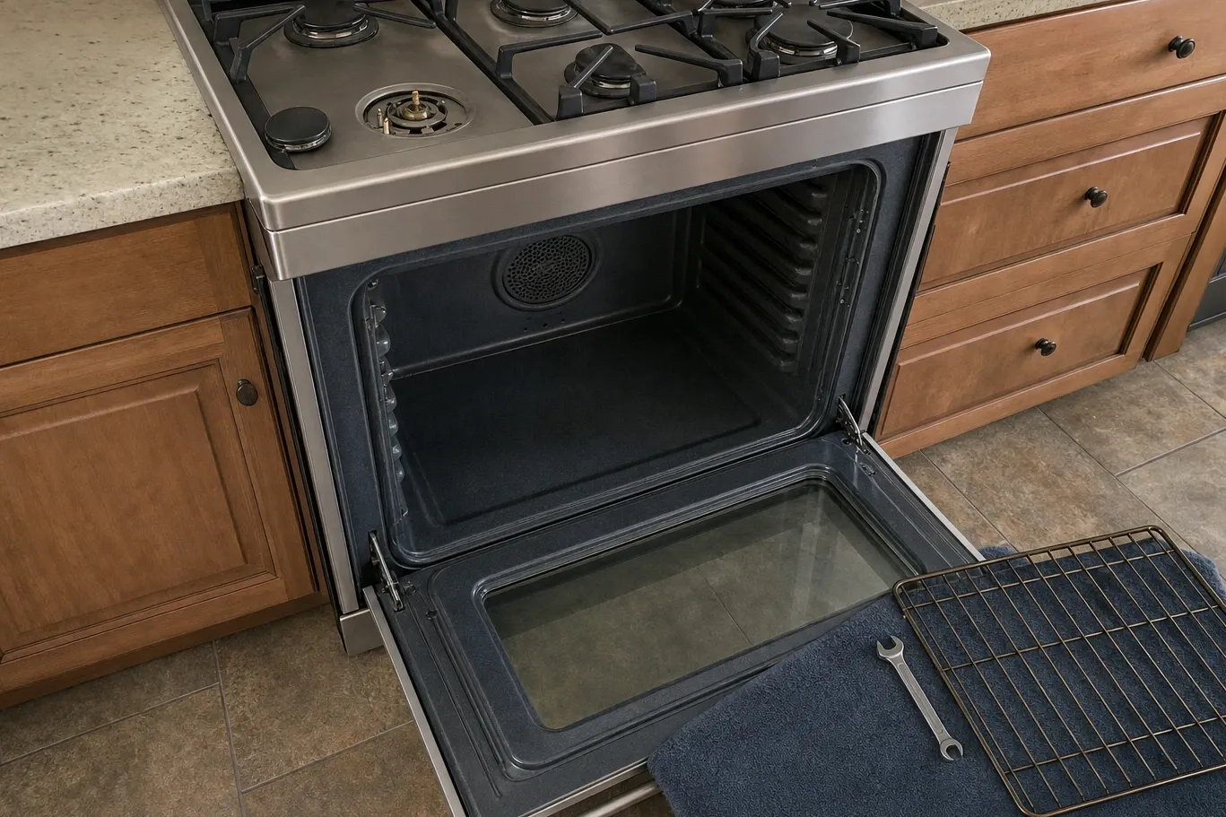 A high angle across a range cooktop with one burner opened down to the brass orifice at the centre of its head, the oven door lowered below